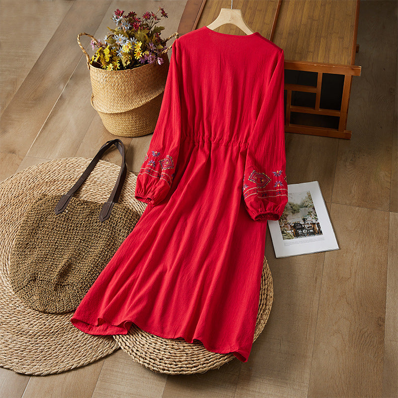 Cotton Linen Embroidered Tassel Waistband Dress Ethnic Style Artistic Skirt