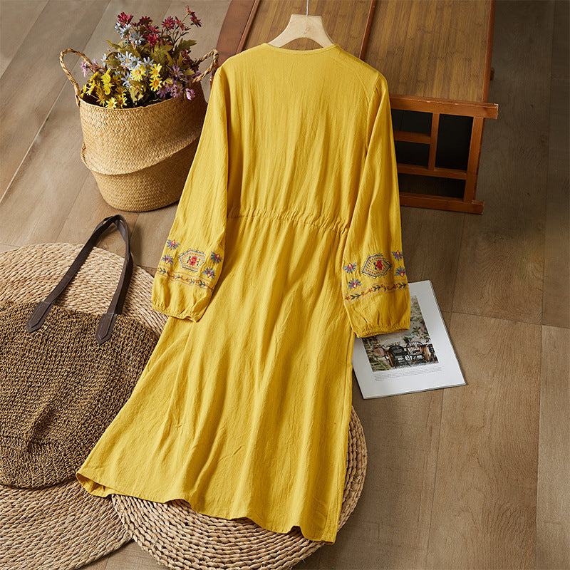 Cotton Linen Embroidered Tassel Waistband Dress Ethnic Style Artistic Skirt