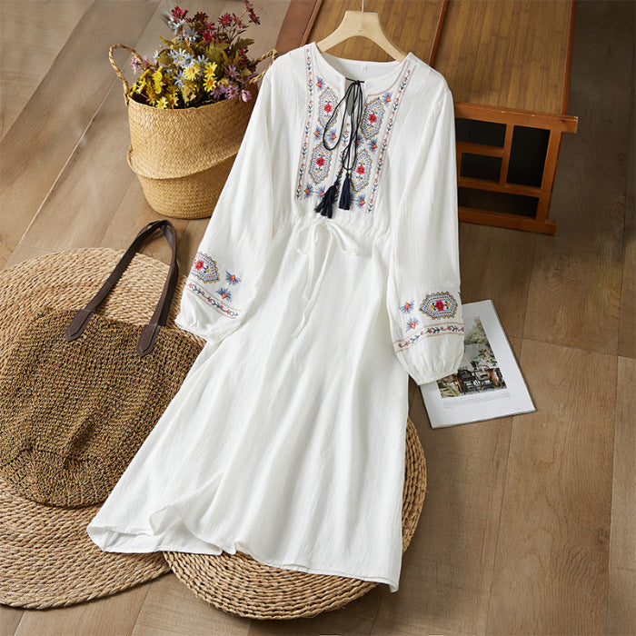Cotton Linen Embroidered Tassel Waistband Dress Ethnic Style Artistic Skirt