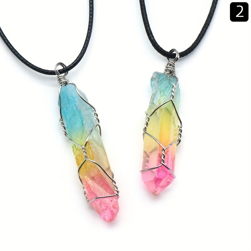 RainbowCrystalColumnPendant Natural Stone Pendant Necklace Hexagonal Column