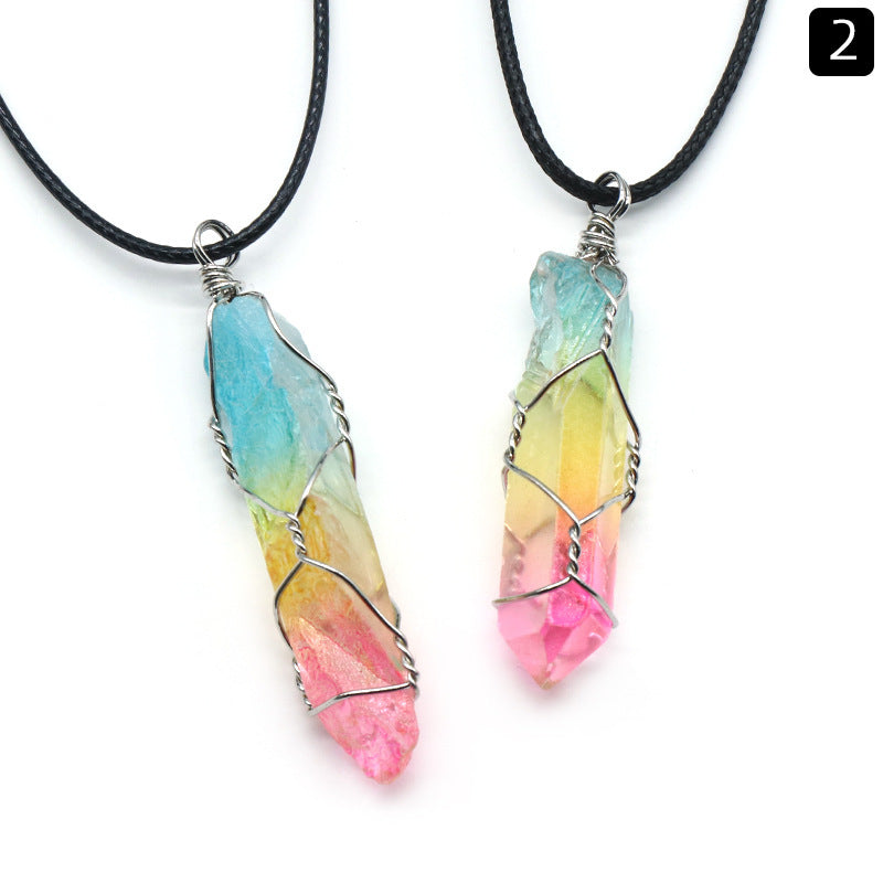RainbowCrystalColumnPendant Natural Stone Pendant Necklace Hexagonal Column
