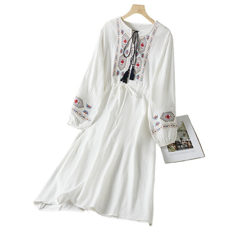 Cotton Linen Embroidered Tassel Waistband Dress Ethnic Style Artistic Skirt