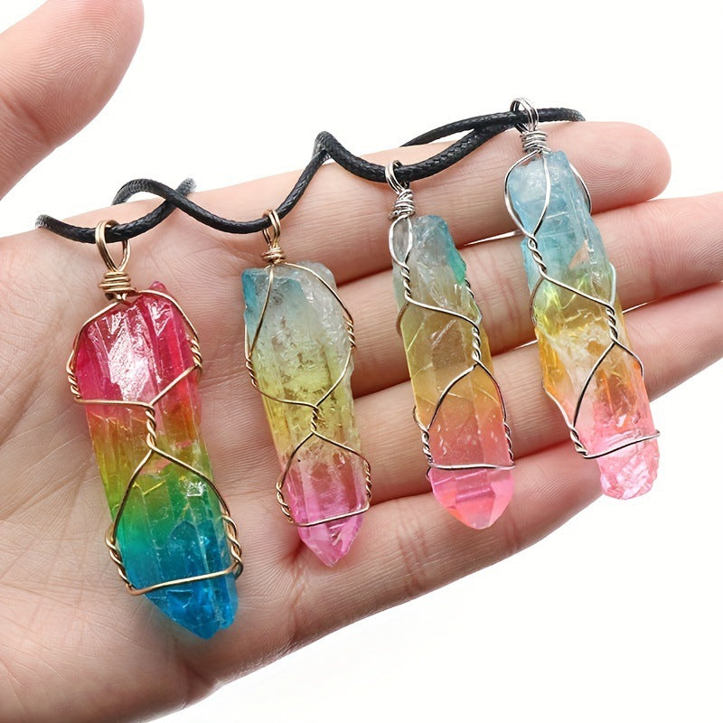 RainbowCrystalColumnPendant Natural Stone Pendant Necklace Hexagonal Column