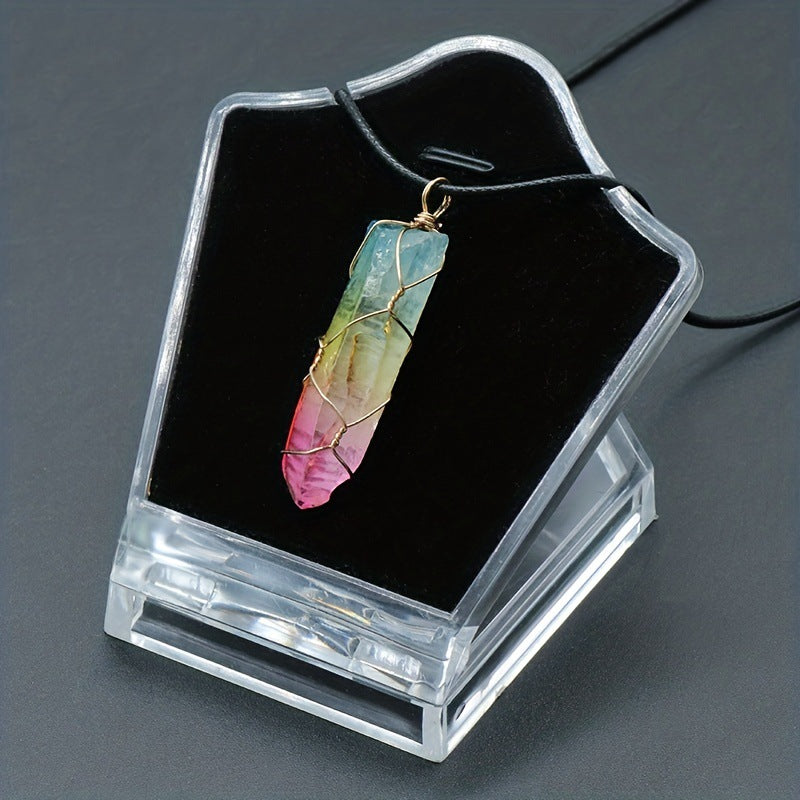 RainbowCrystalColumnPendant Natural Stone Pendant Necklace Hexagonal Column