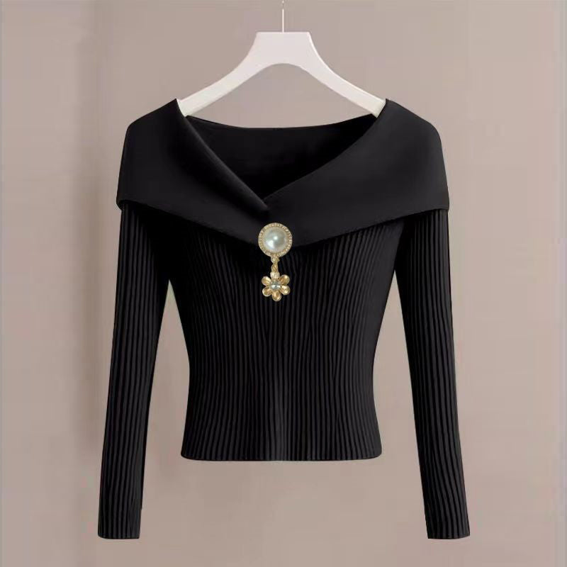 Women's French Style V-Neck Top, Embellished Detail Long Sleeve Knit Blouse For Spring And Fall