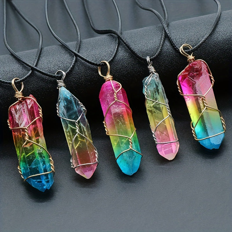 RainbowCrystalColumnPendant Natural Stone Pendant Necklace Hexagonal Column