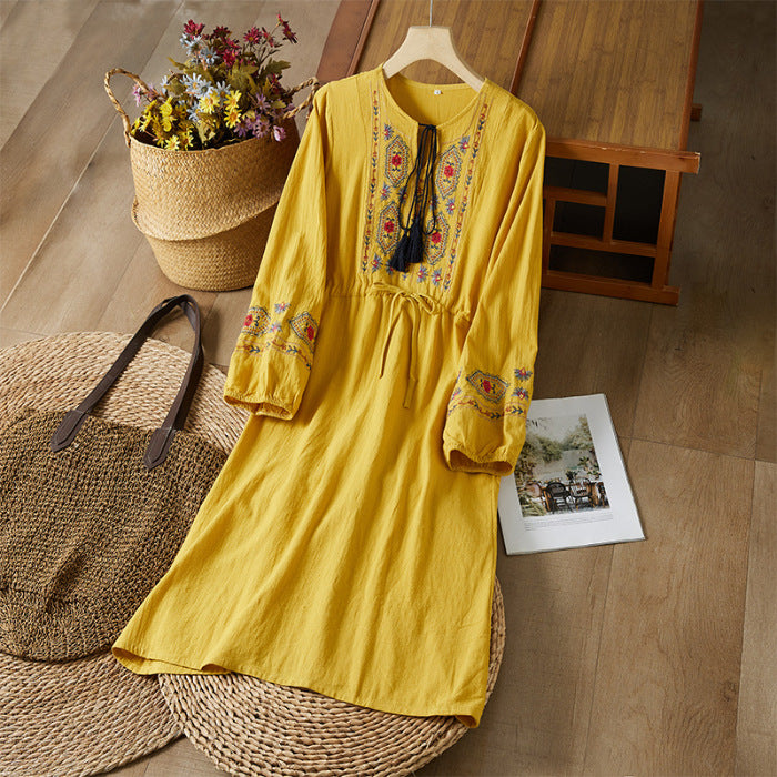 Cotton Linen Embroidered Tassel Waistband Dress Ethnic Style Artistic Skirt